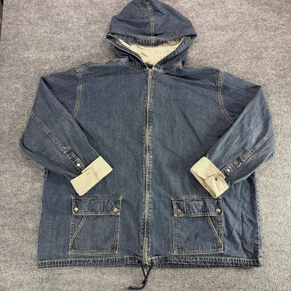 VTG LA Blues Denim Hooded Jacket Womens 30/32W Blue Zip Up Pinstripe Plus Size